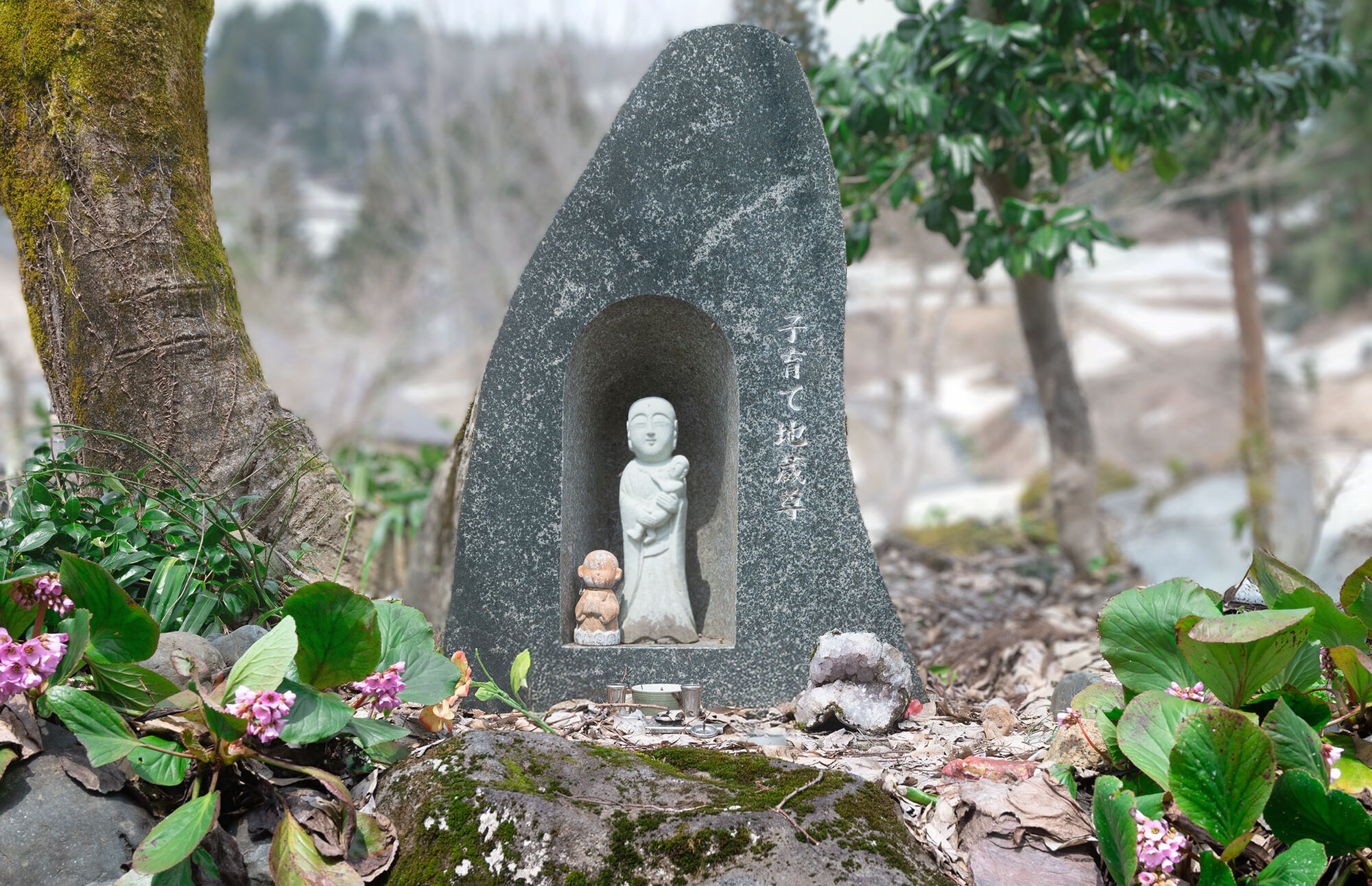 春の山に咲く可愛いイワカガミと一緒に微笑む、慶學寺境内にある子育て地蔵菩薩様と石のほこらです。