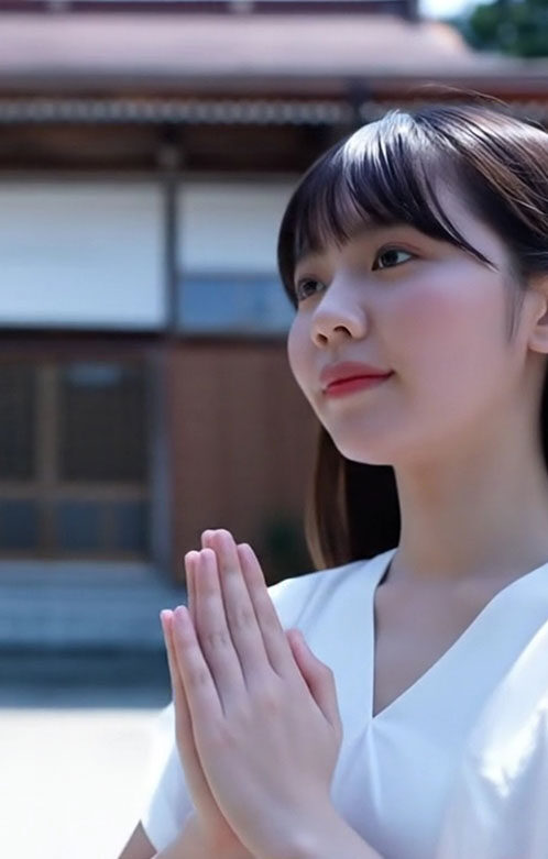 慶學寺本堂前で合掌する女性