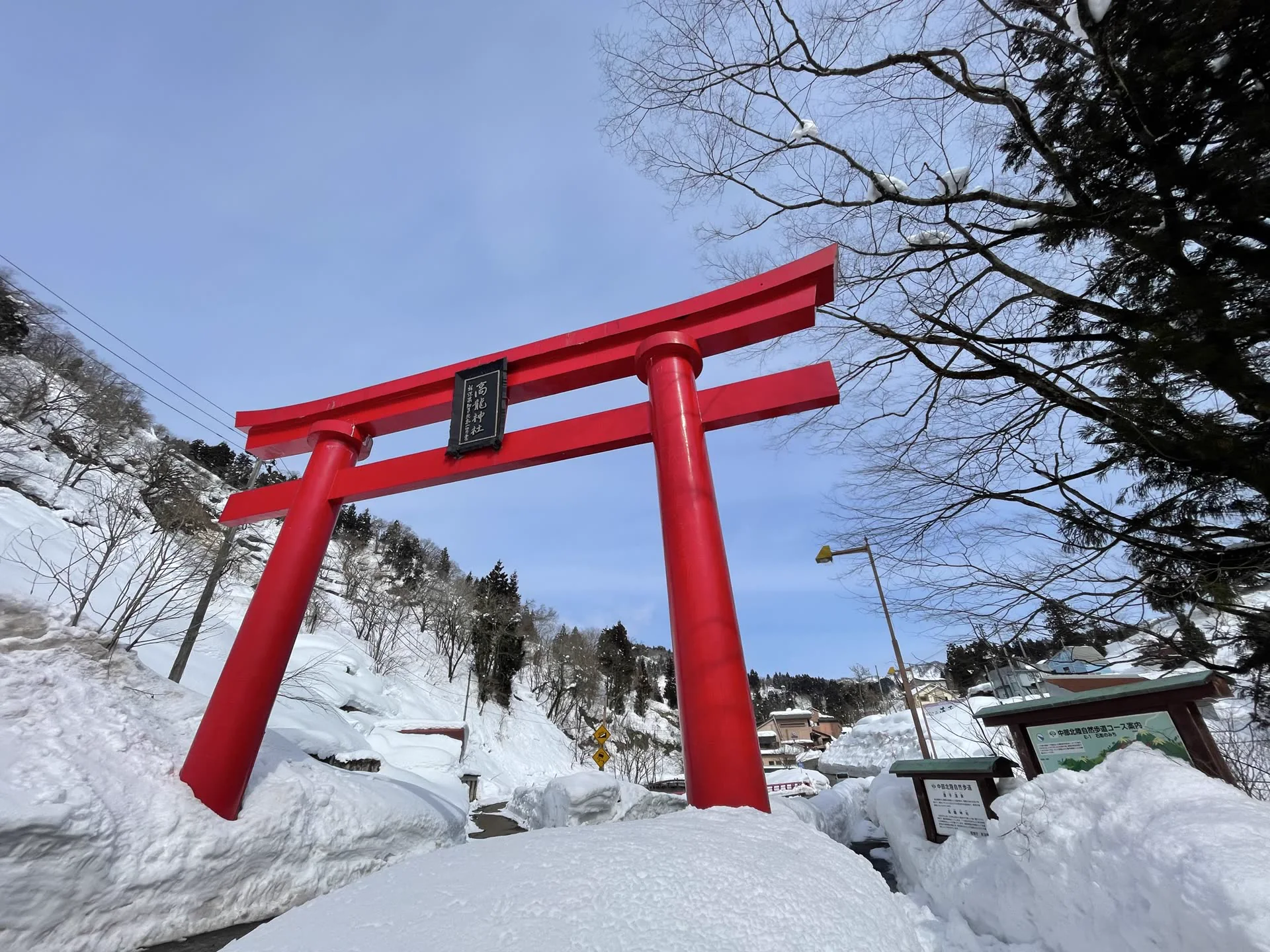 雪景色に立つ朱色の鳥居